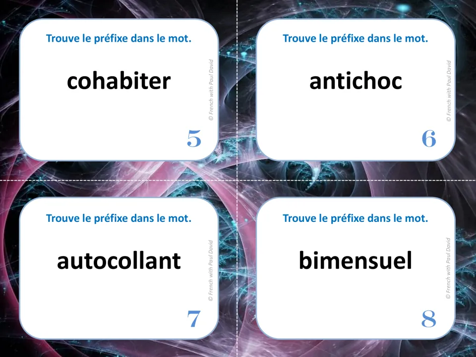 French prefix task cards 5 to 8: students identify the prefix in cohabiter, antichoc, autocollant and bimensuel