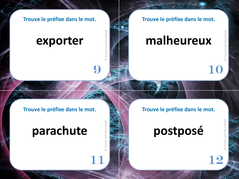 French prefix task cards 9 to 12: students pick out the prefix in exporter, malheureux, parachute and postposé