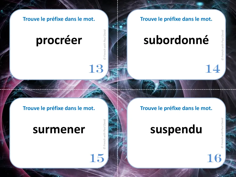 French prefix task cards 13 to 16: students find the prefix in procréer, subordonné, surmener and suspendu