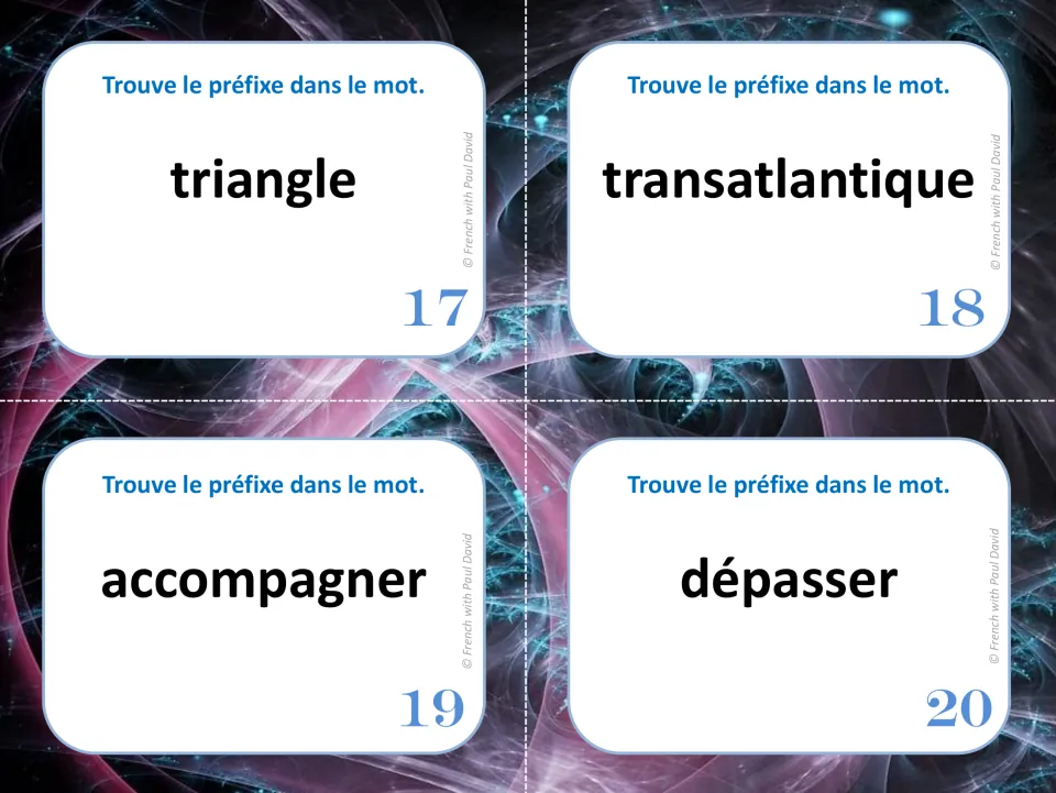 French prefix task cards 17 to 20: students spot the prefix in triangle, transatlantique, accompagner and dépasser