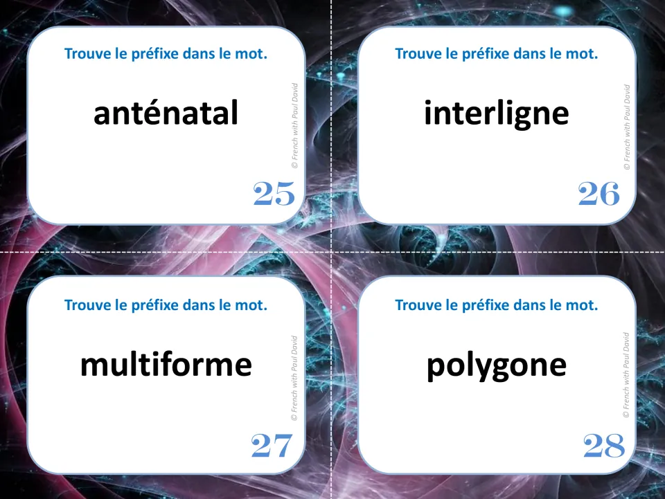 French prefix task cards 25 to 28: students find the prefix in anténatal, interligne, multiforme and polygone
