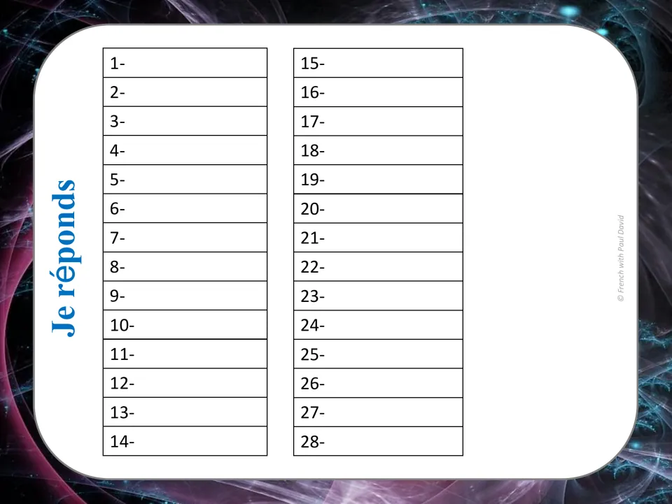 Je réponds recording sheet: students write the prefix they found for each of the 28 French word cards, numbered 1-28