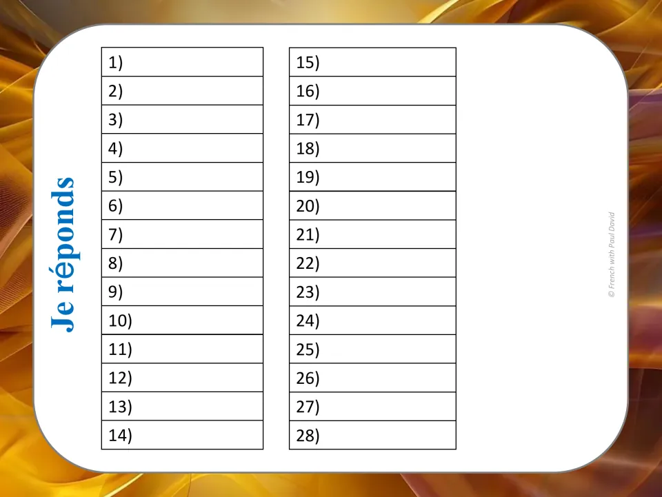 Je réponds recording sheet: students write the suffix they found for each of the 28 cards, numbered 1 to 28