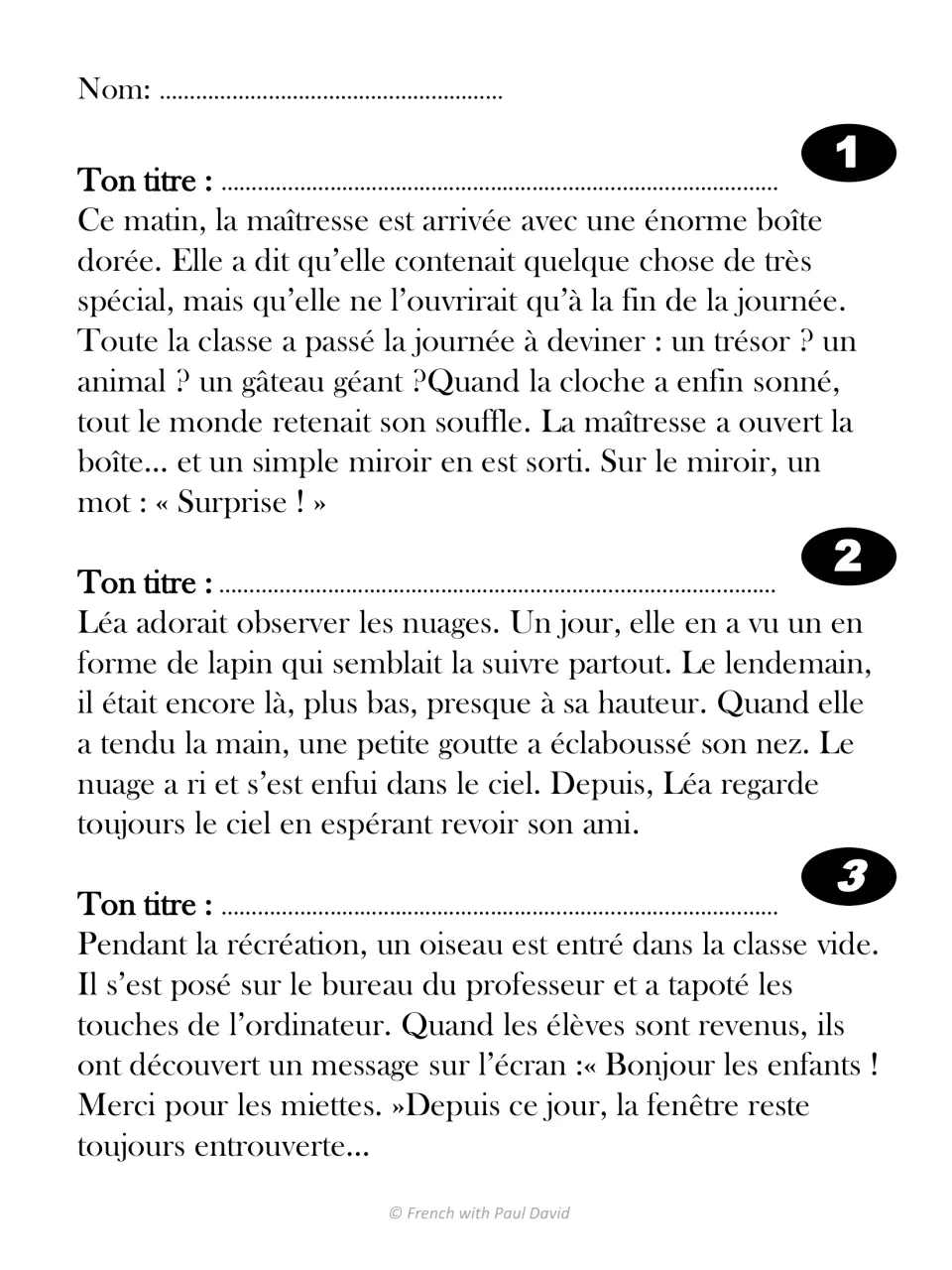 French stories 1-3 on a golden box, a rabbit cloud and a bird at a computer: students write a title for each main idea