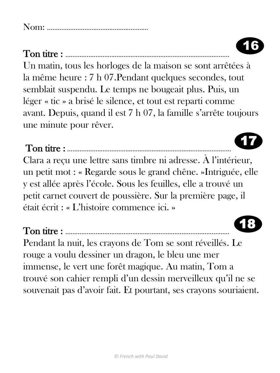 French texts 16-18 on clocks stopped at 7 h 07, a letter under an oak and crayons that draw at night: students write titles