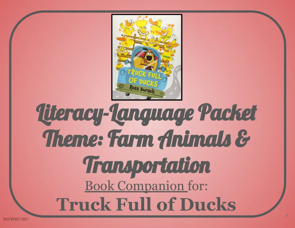 Language-literacy packet cover identifying farm animals and transportation as the book companion's themes