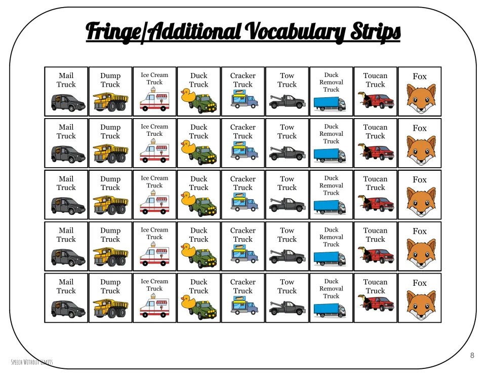 Additional vocabulary strips for the companion: five repeated sets of nine pictures naming trucks and a fox