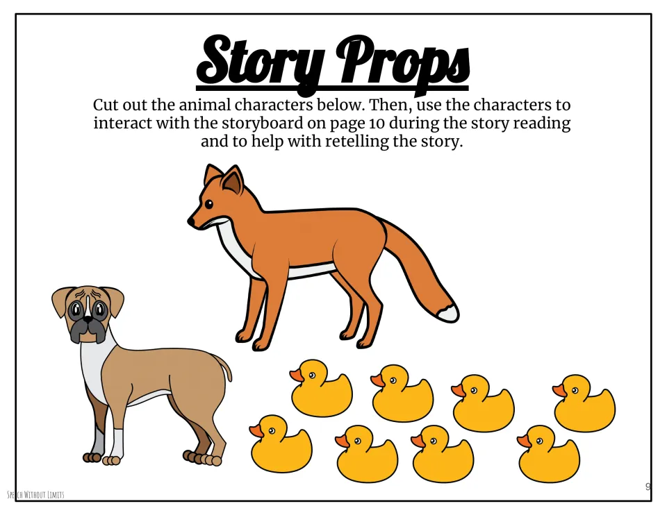 Story prop cutouts of a fox, a dog, and eight ducks for use with the next page during reading and retelling