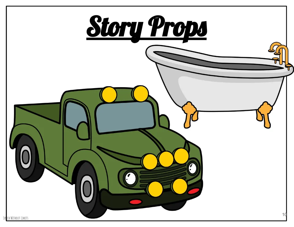 Story props showing a truck and bathtub to use with the animal cutouts during story reading and retelling
