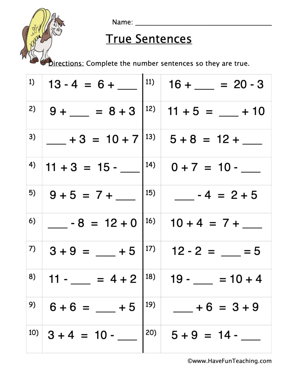 True Sentences practice sheet: 20 missing-number addition and subtraction equations, including 13 - 4 = 6 + __