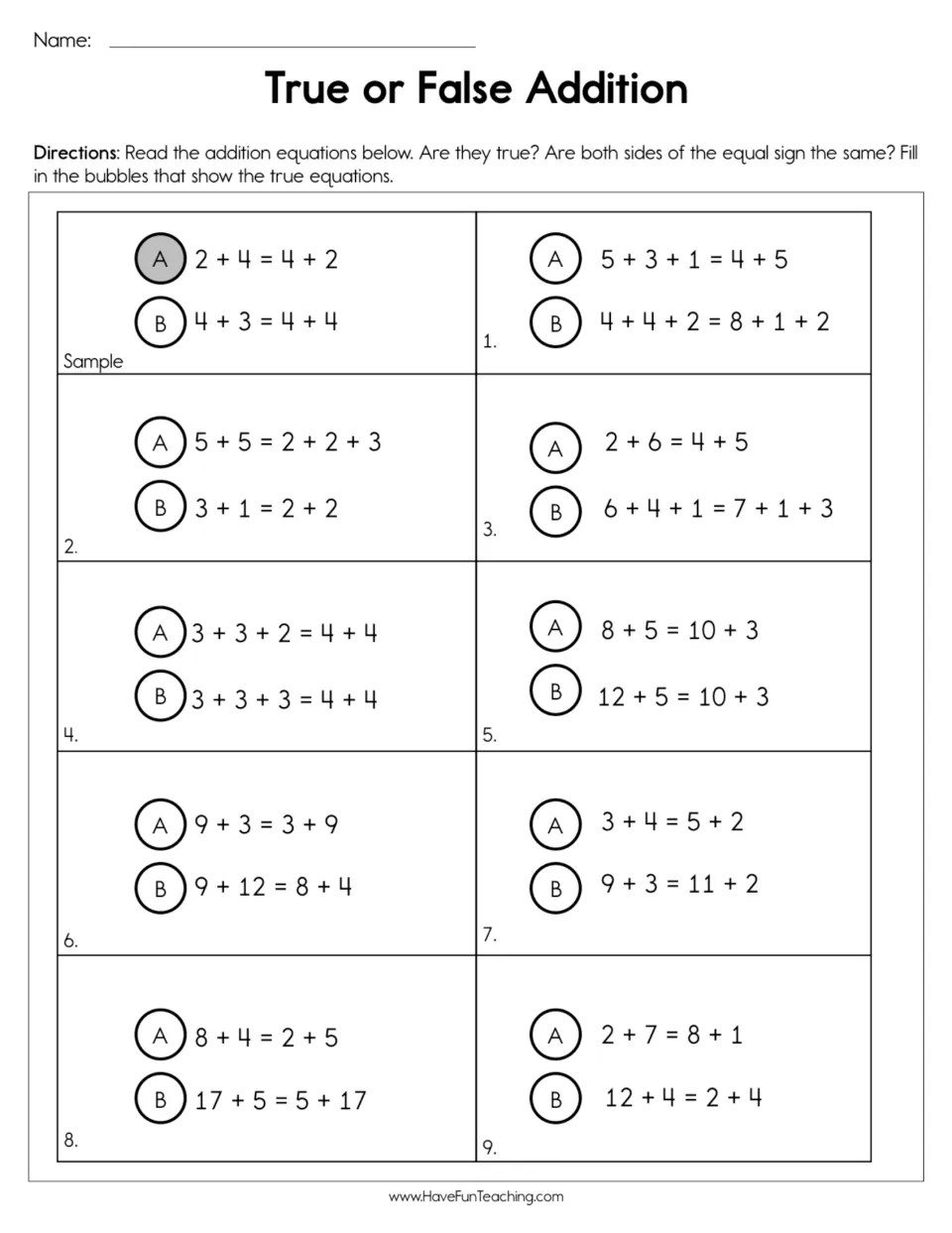 Addition practice: nine A/B equation pairs and a sample ask students to fill in bubbles for true equations.