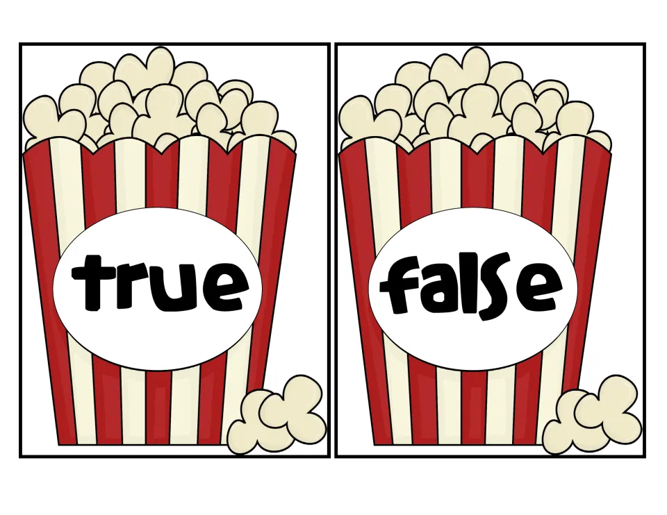 True and false sorting mats: two striped popcorn boxes labeled true and false where students place equation cards