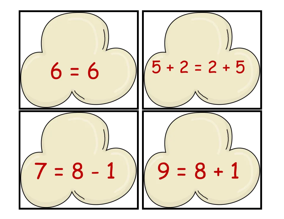 Popcorn equation cards to cut out: 6 = 6, 5 + 2 = 2 + 5, 7 = 8 - 1 and 9 = 8 + 1 for judging each as true or false