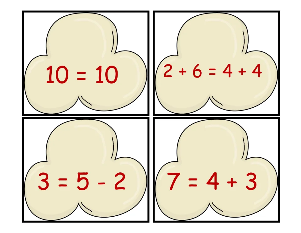 Popcorn equation cards to cut out: 10 = 10, 2 + 6 = 4 + 4, 3 = 5 - 2 and 7 = 4 + 3 to sort as true or false equations