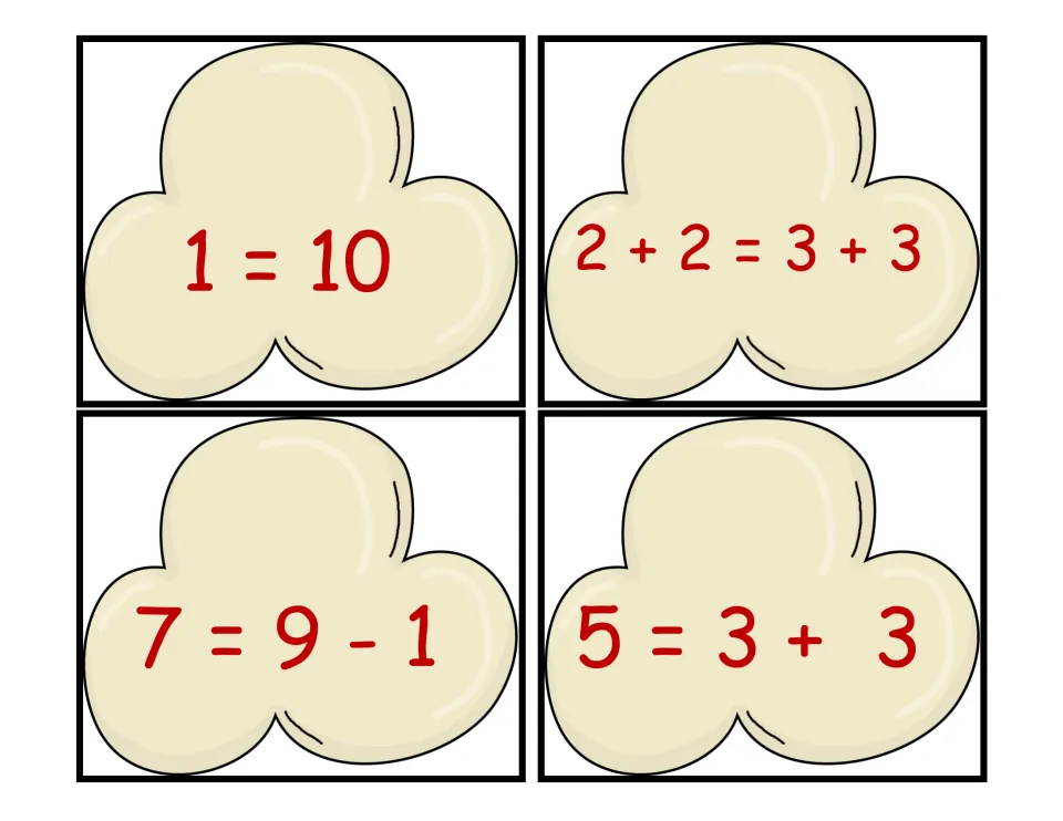 Popcorn equation cards to cut out: 1 = 10, 2 + 2 = 3 + 3, 7 = 9 - 1 and 5 = 3 + 3, each one a false, unbalanced equation