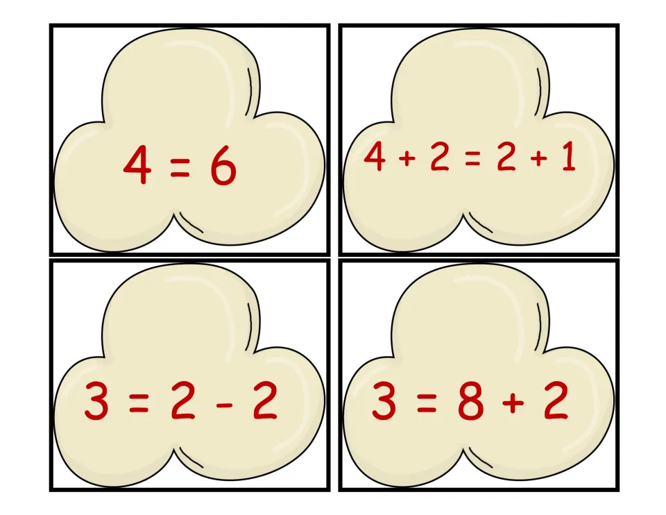 Popcorn equation cards to cut out: 4 = 6, 4 + 2 = 2 + 1, 3 = 2 - 2 and 3 = 8 + 2 for students to sort under true or false