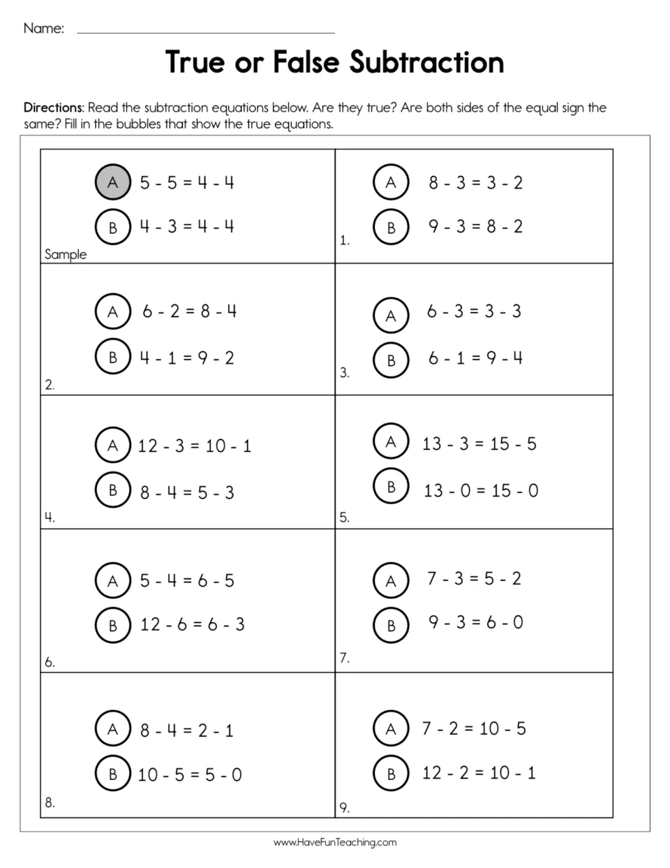 Subtraction equations: students compare both sides and fill in the true one, A or B, in 9 items like 12 - 3 = 10 - 1