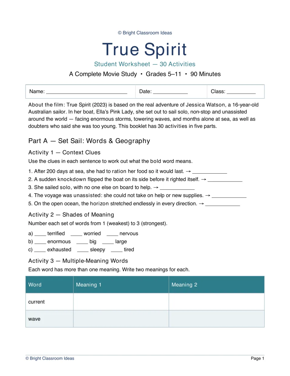 True Spirit movie study booklet of 30 activities; students use context clues, rank word strength and define words