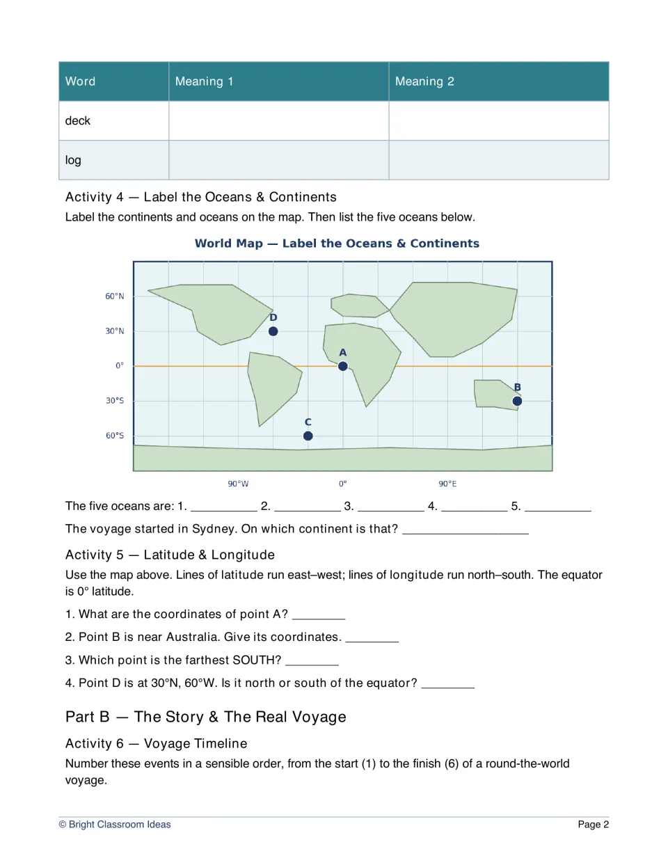World map and coordinates: students label oceans and continents, then answer latitude and longitude questions