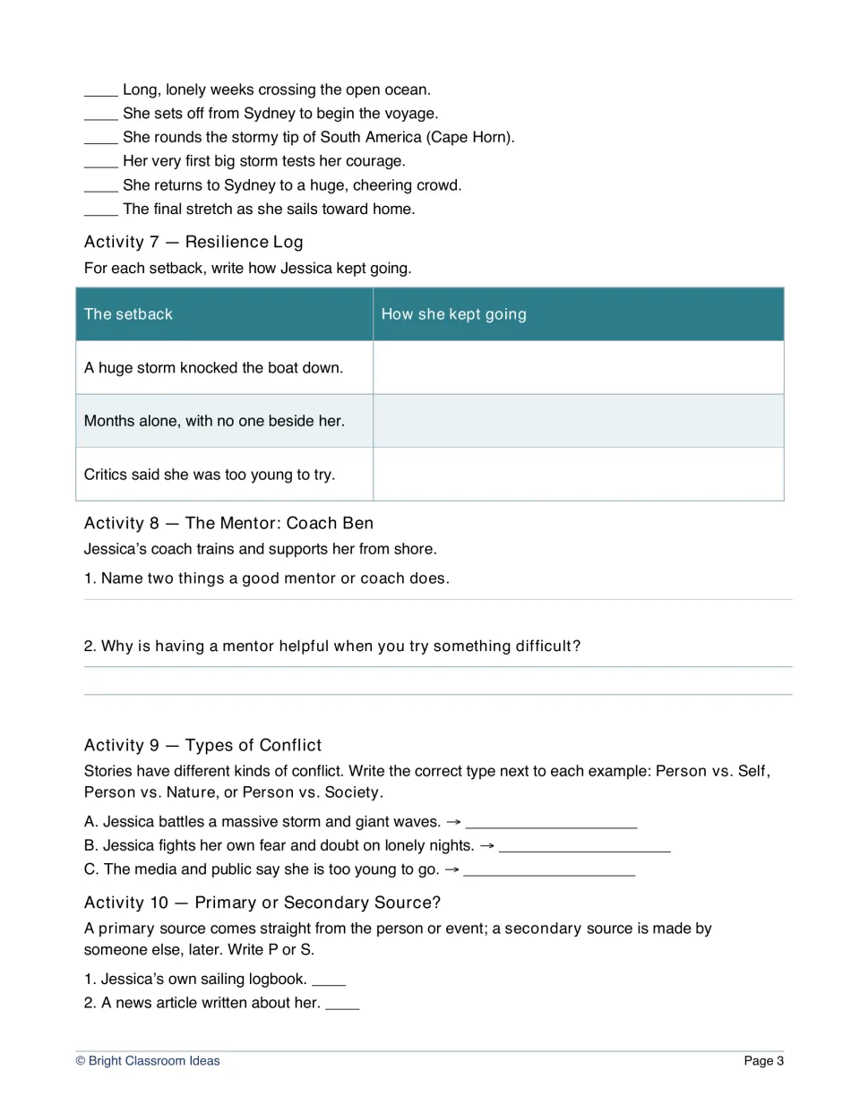 Voyage timeline and resilience log: students order six events, then identify conflict types and primary sources