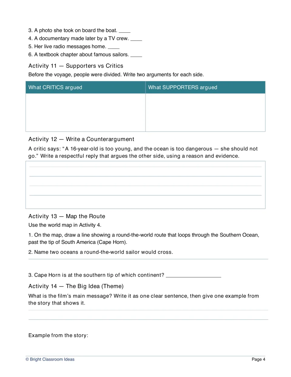 Critics versus supporters: students list arguments, write a counterargument, map the route and state the theme