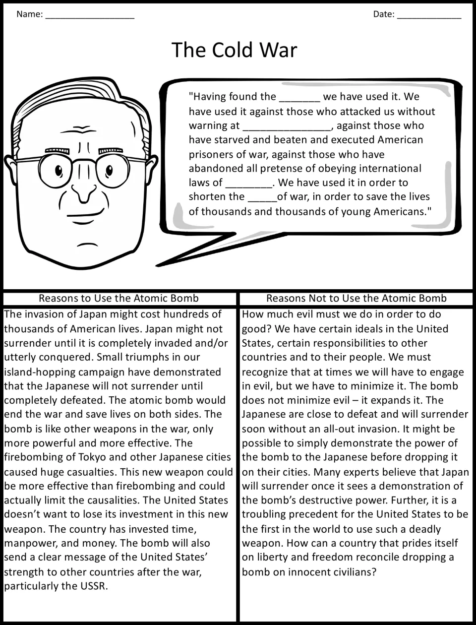 The Cold War: students fill four blanks in Truman's quote, then read reasons to use and not to use the atomic bomb