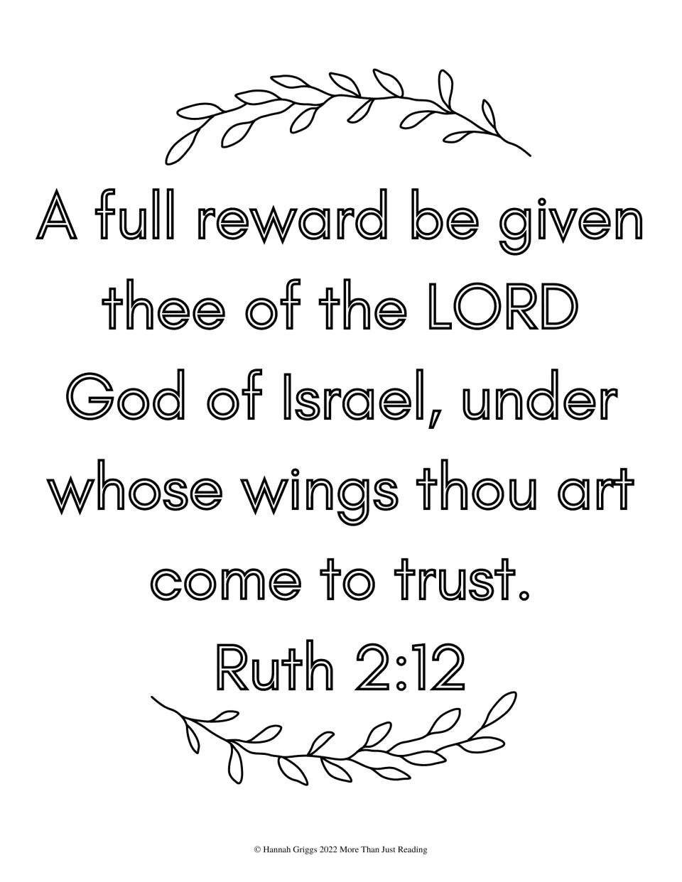 Ruth 2:12 on trusting God 'under whose wings' in hollow outline letters for students to color, framed by two leafy vines
