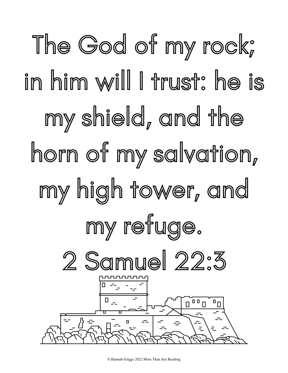 2 Samuel 22:3 calling God my rock, shield and high tower, in outline letters to color above a stone fortress drawing