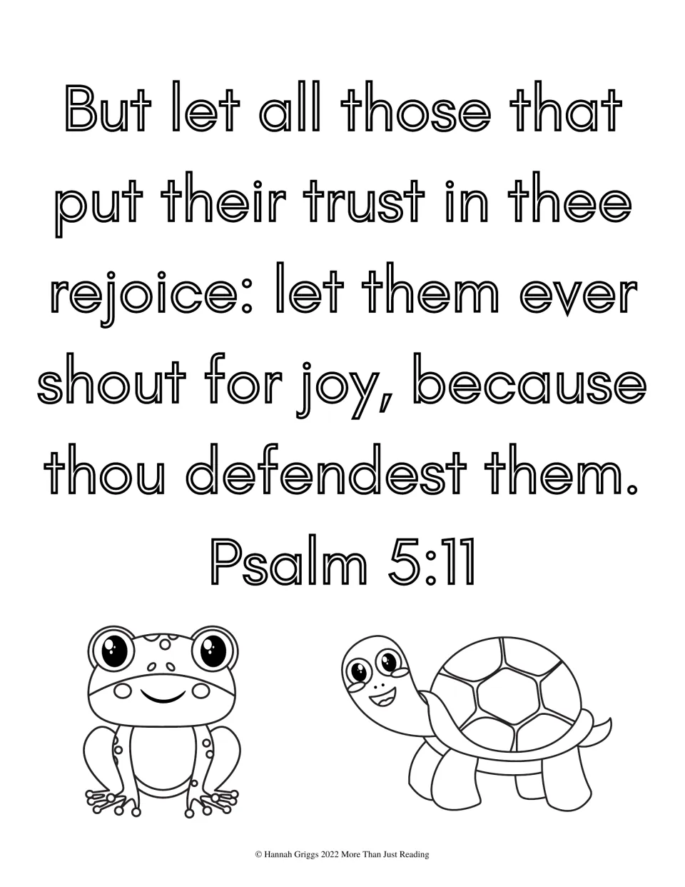 Psalm 5:11 on those who trust in God shouting for joy, in outline letters to color with a smiling frog and turtle