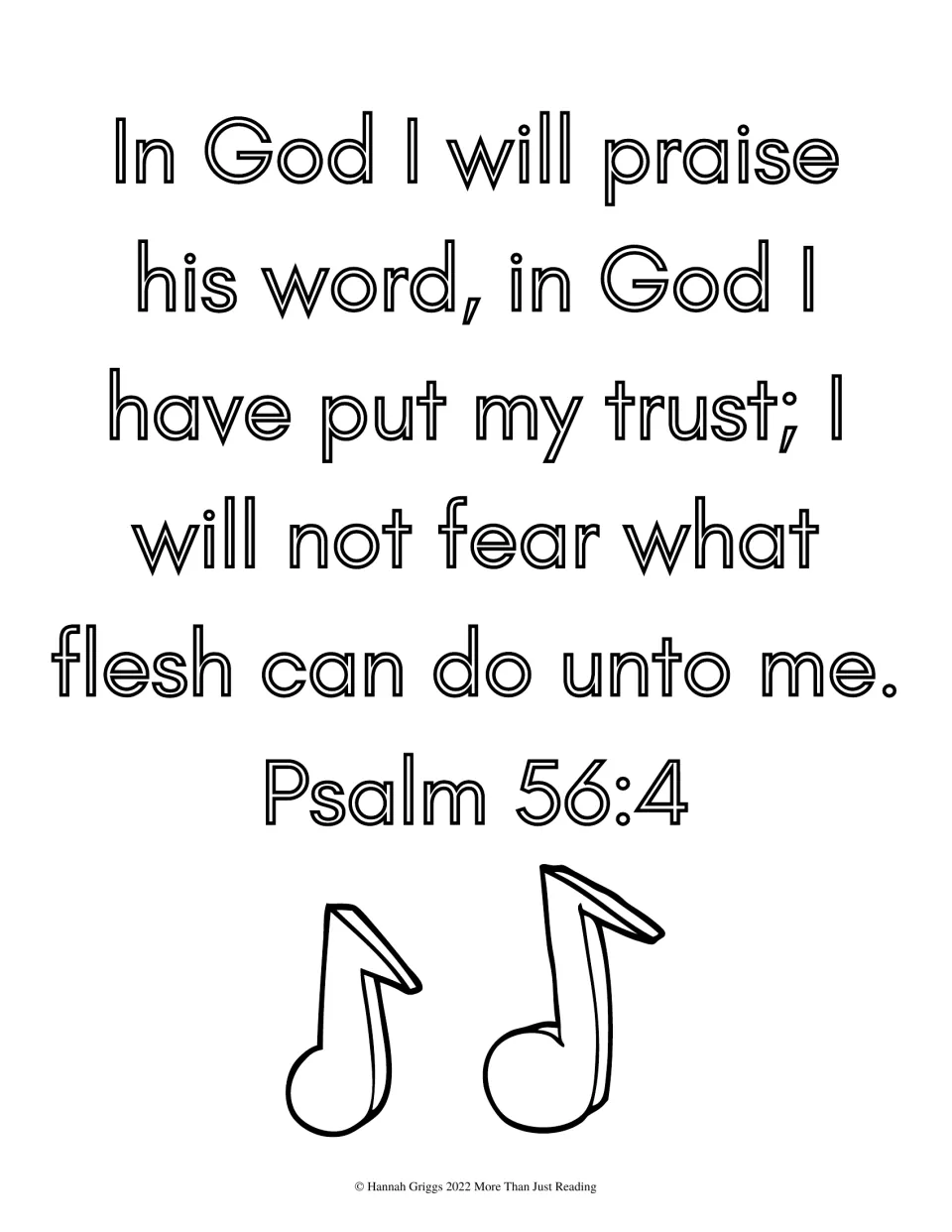 Psalm 56:4 on praising God's word and not fearing, in outline letters to color above two large music notes