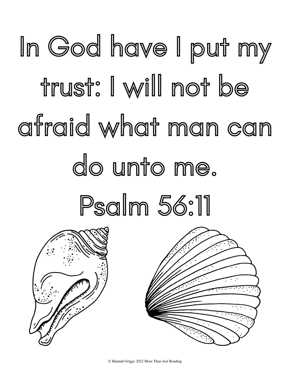 Psalm 56:11, 'I will not be afraid what man can do unto me', in outline letters to color with two seashells