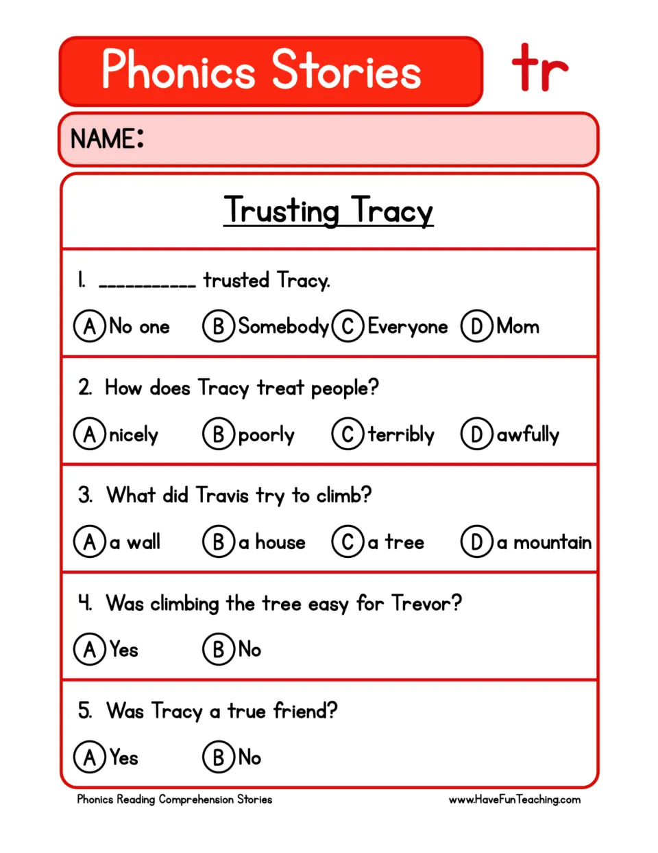 Five comprehension questions about who trusted Tracy, how she treats people, and climbing a tree.