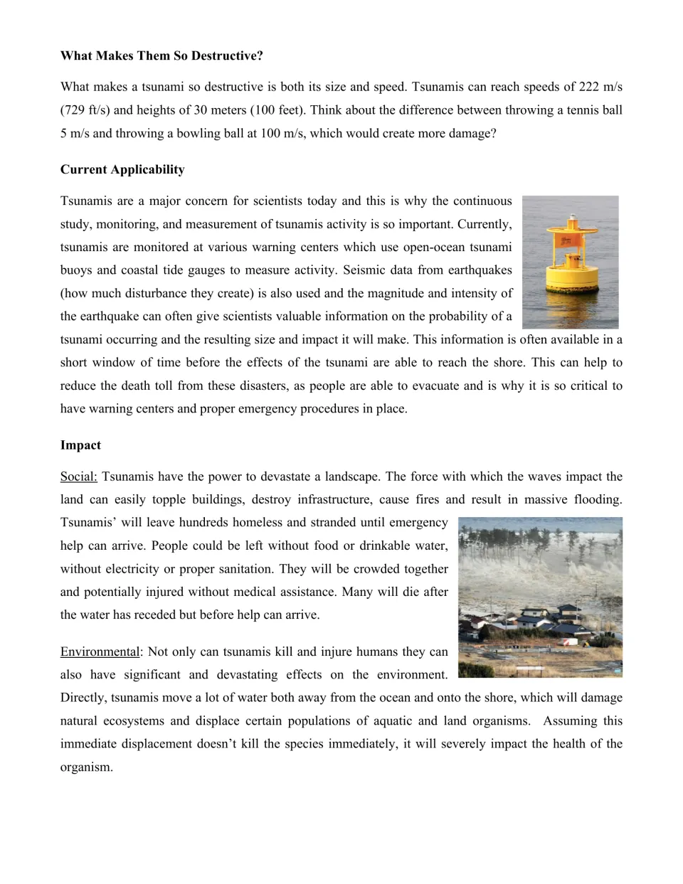 Science article continuation explaining tsunami size and speed, monitoring, and social and environmental impacts