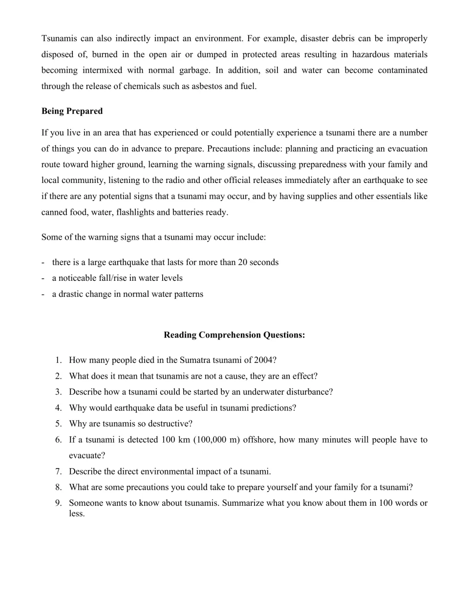 Science article conclusion on tsunami preparedness and warning signs, followed by nine comprehension questions