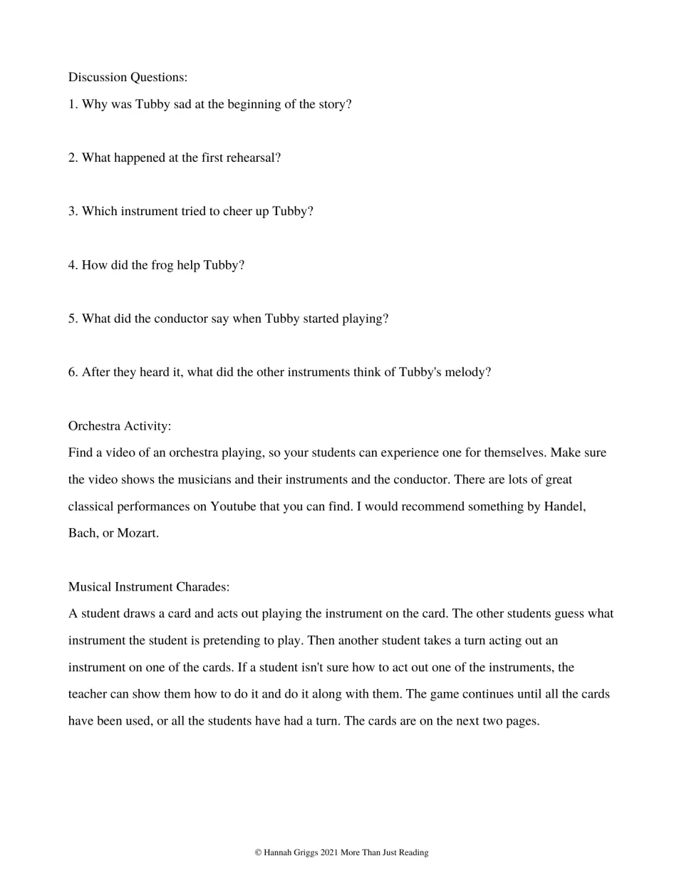 Six story discussion questions cover Tubby's feelings and melody, followed by orchestra and charades directions.