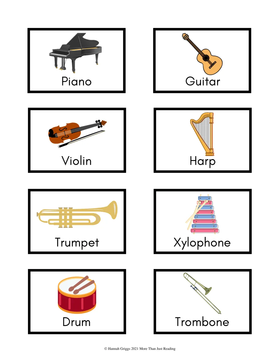 Instrument charades cards 1–8 show piano, guitar, violin, harp, trumpet, xylophone, drum, and trombone.