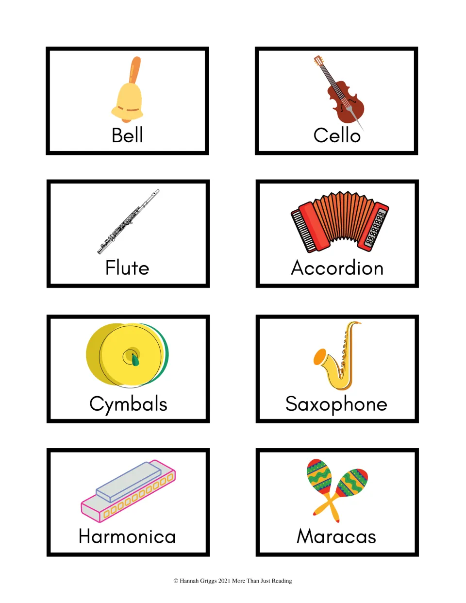 Instrument charades cards 9–16 show bell, cello, flute, accordion, cymbals, saxophone, harmonica, and maracas.