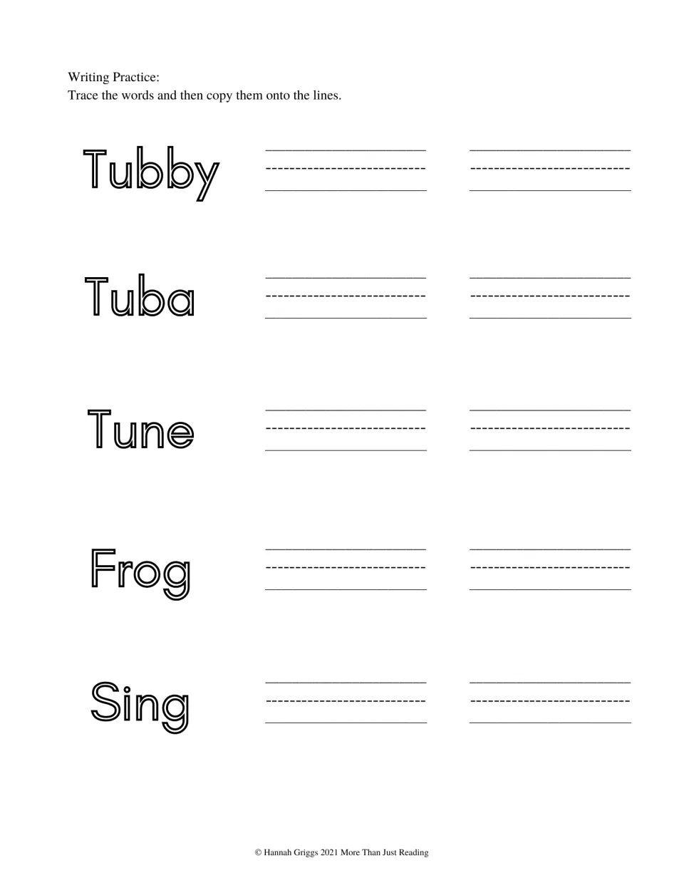 Story word handwriting practice asks students to trace and then copy Tubby, Tuba, Tune, Frog, and Sing.
