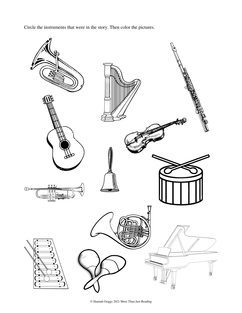 Story instrument identification asks students to circle instruments from the story, then color the pictures.