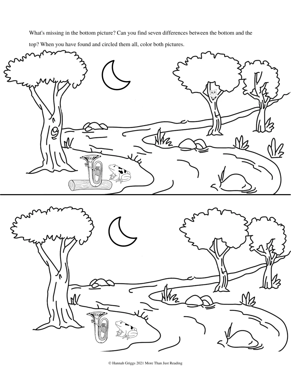 Seven-difference story puzzle asks students to compare two riverside scenes with a tuba and frog, then color.