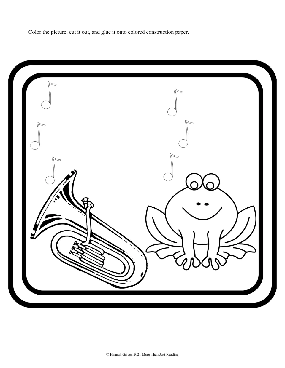 Story coloring activity shows a tuba, frog, and musical notes to color, cut out, and glue onto construction paper.