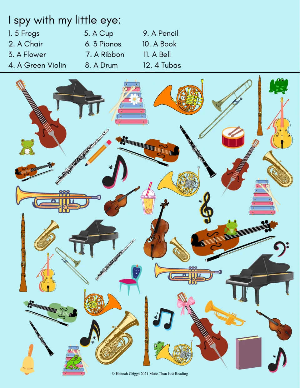 Music-themed I Spy activity lists 12 search prompts, including five frogs, three pianos, and four tubas.