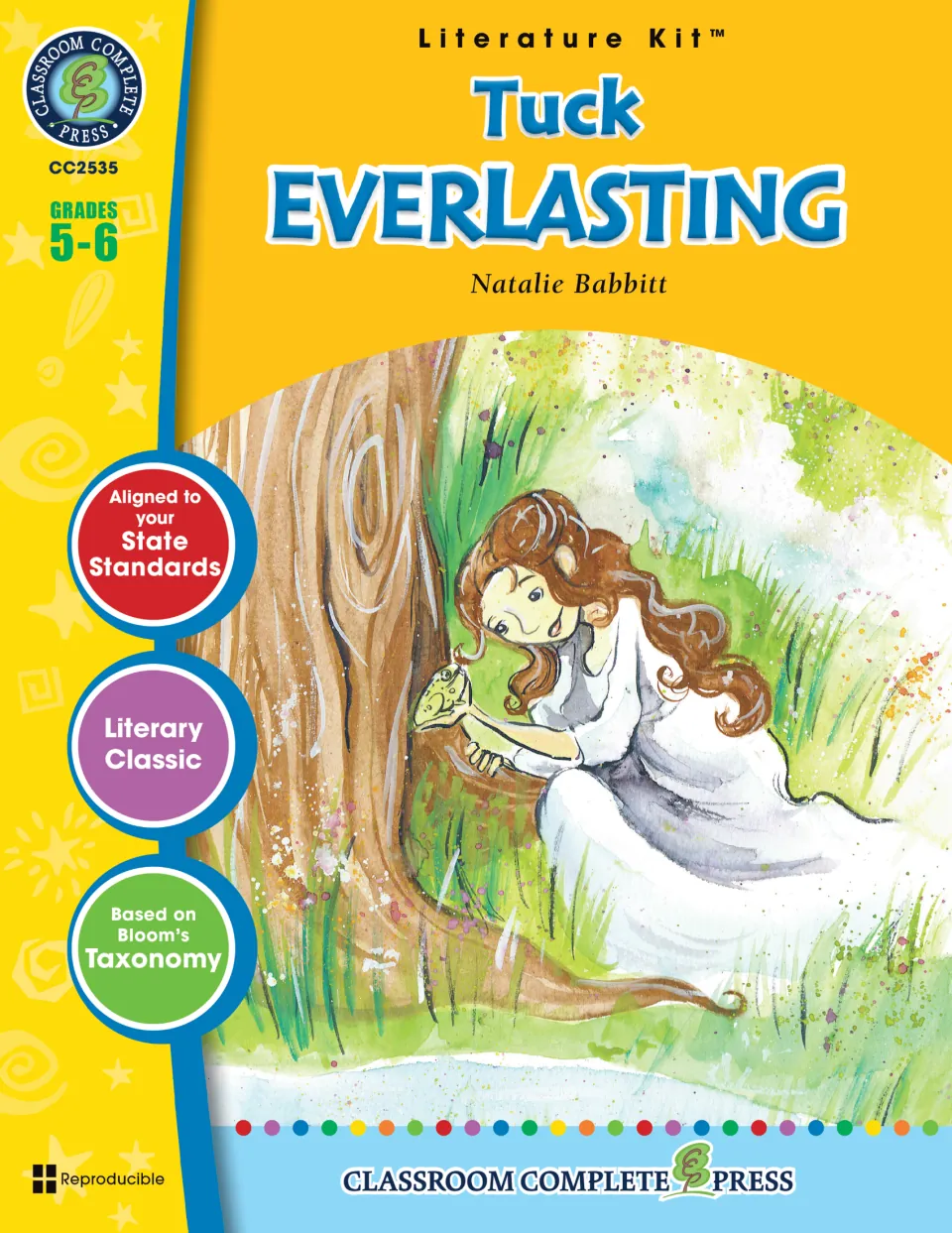 Tuck Everlasting literature kit cover for grades 5–6, showing a girl holding a toad by a tree trunk