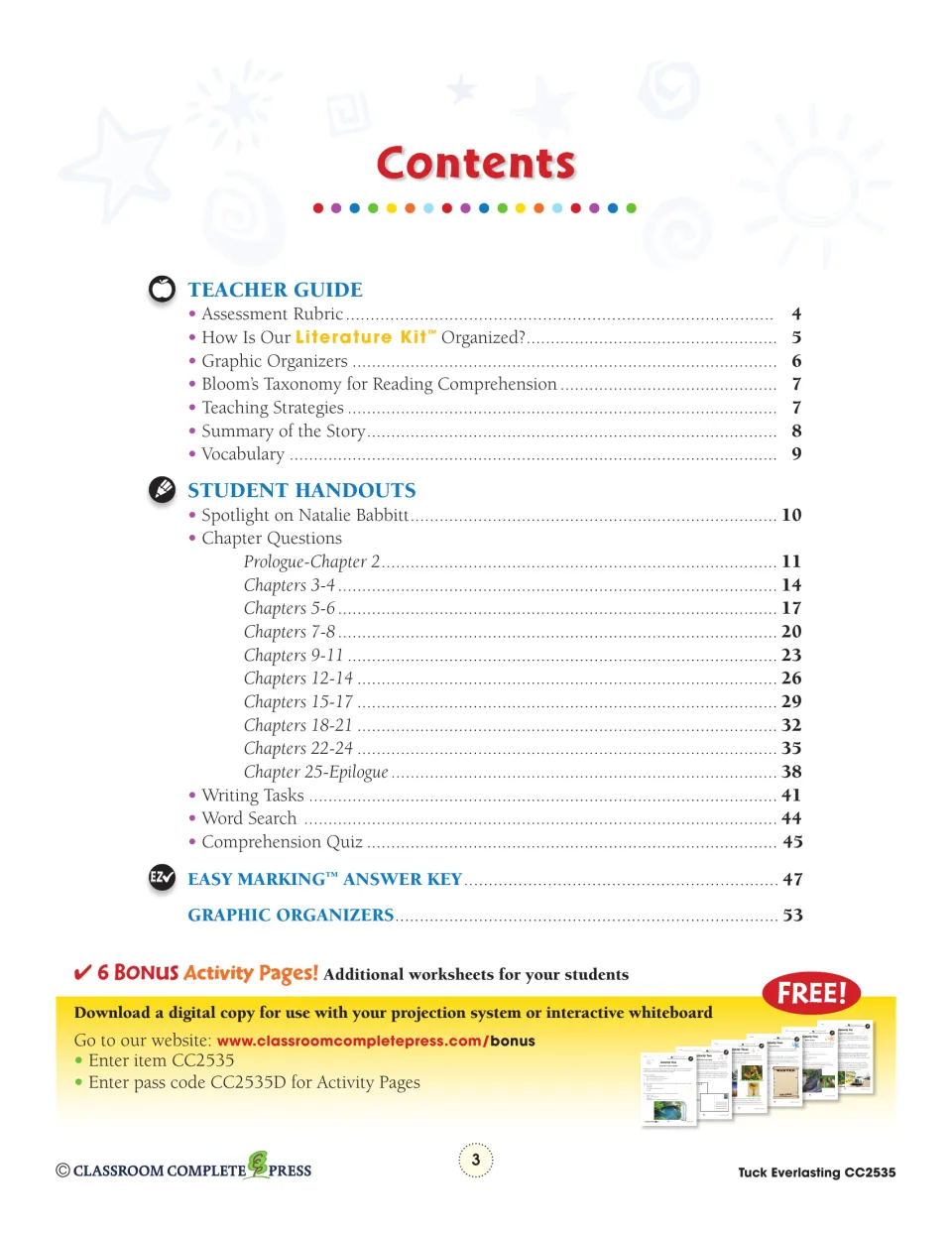 Table of contents: teacher guide, chapter questions from Prologue to Epilogue, quiz, answer key and organizers