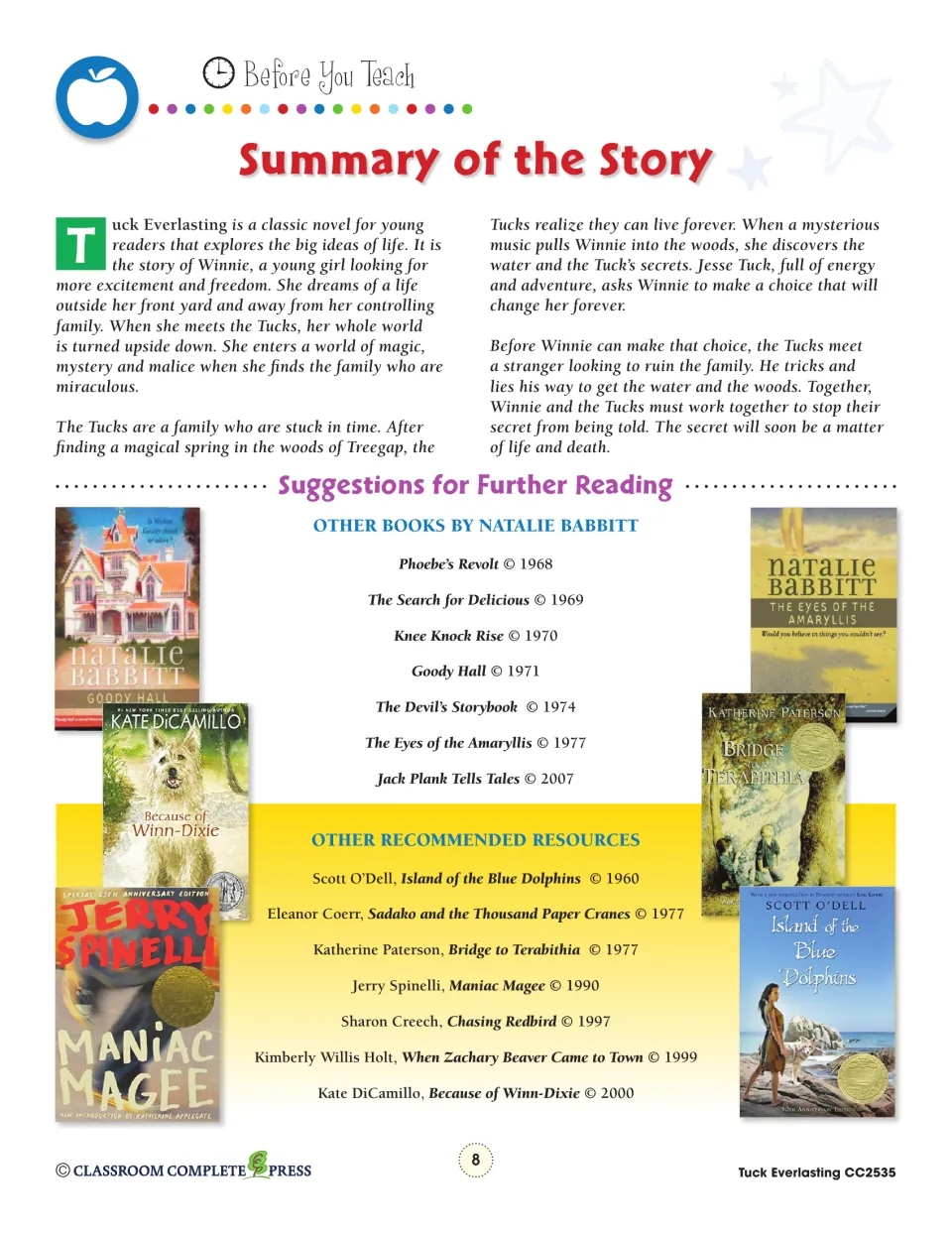 Summary of Winnie's meeting with the immortal Tucks, plus further reading like Bridge to Terabithia