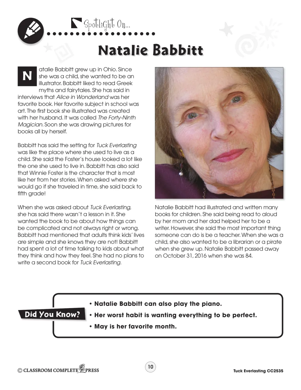 Author spotlight student handout on Natalie Babbitt with a photo, her Ohio childhood and three Did You Know facts