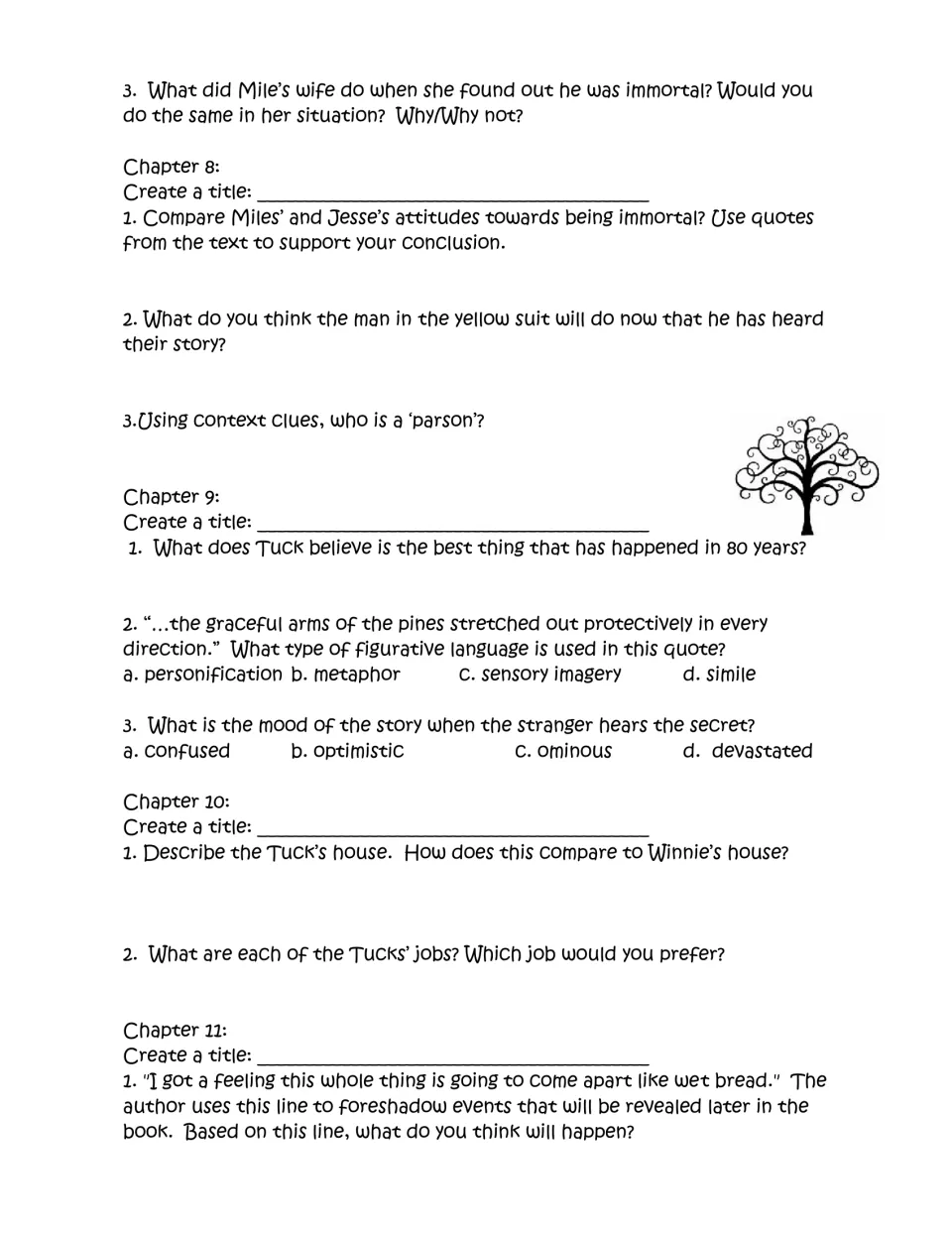 Chapters 7–11 questions compare Miles and Jesse, examine mood, and ask students to predict from foreshadowing.