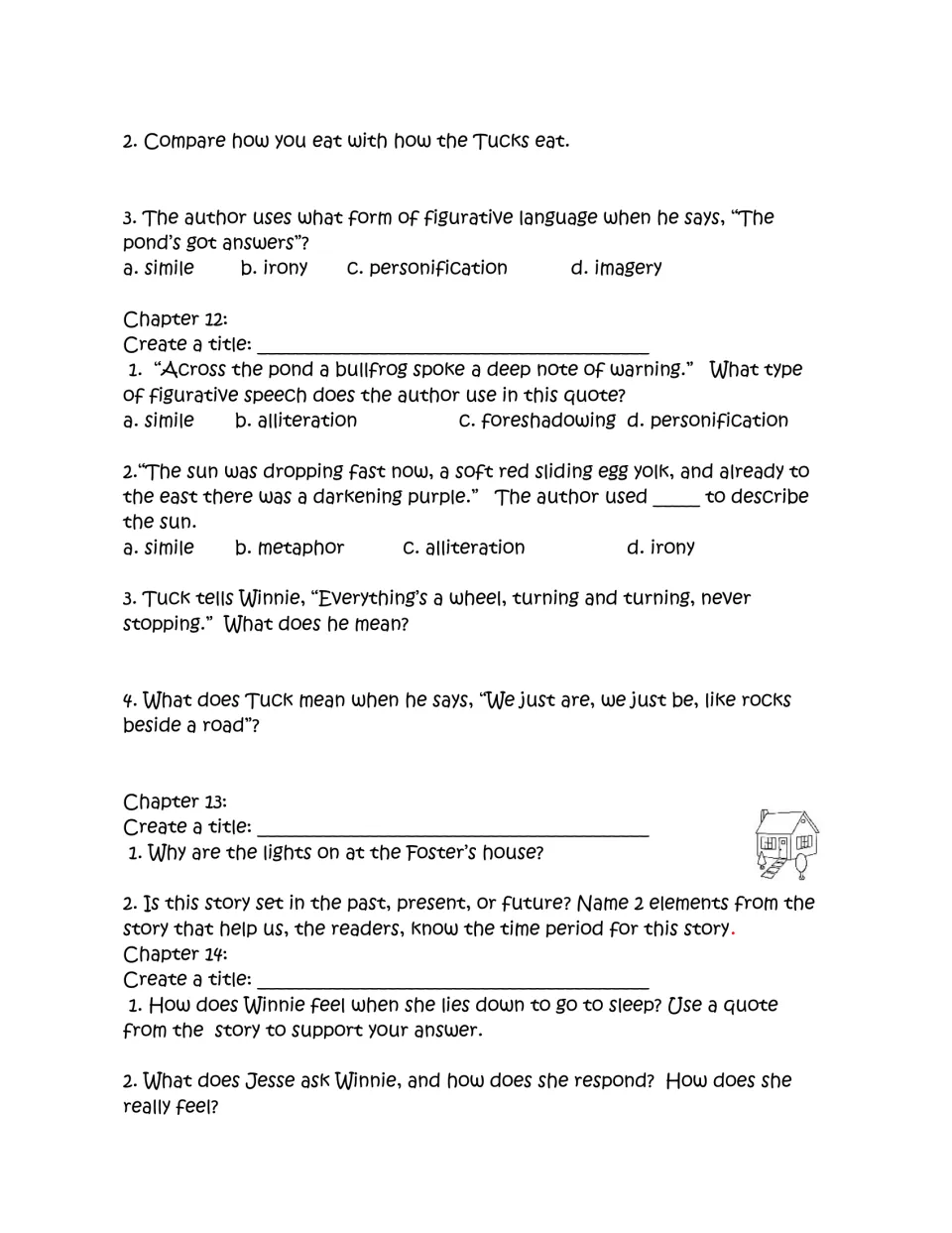 Chapters 11–14 questions address personification, metaphor, Tuck's wheel comparison, and story time period.