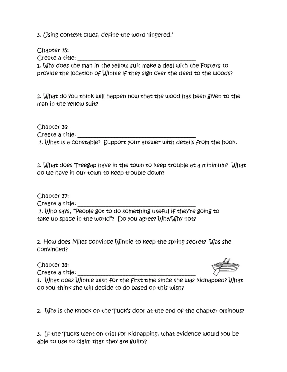 Chapters 14–18 questions cover context clues, the woods deal, the constable, and evidence of kidnapping.