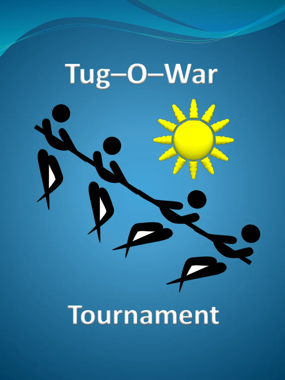 Tug-O-War Tournament cover: stick figures leaning back on a rope beneath a yellow sun, introducing the event guide